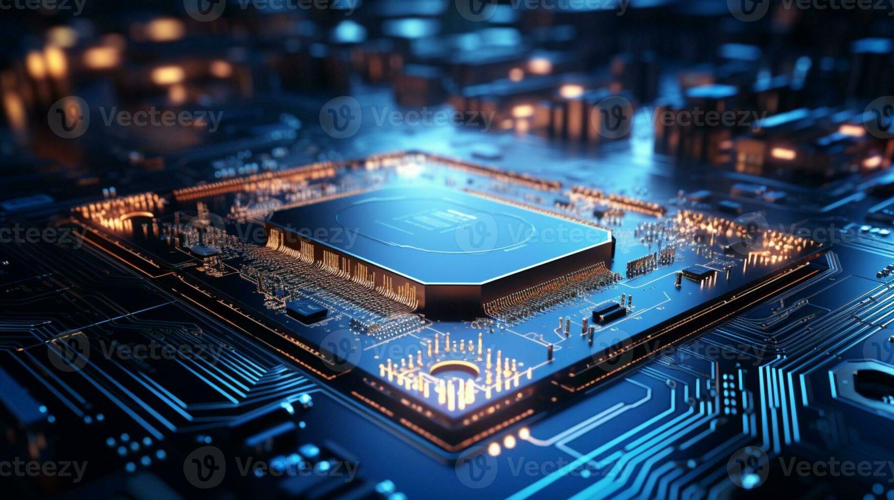 High-tech Computer chip close up shot, production of electronic, circuit board, futuristic design, extreme detail, AI Generative photo