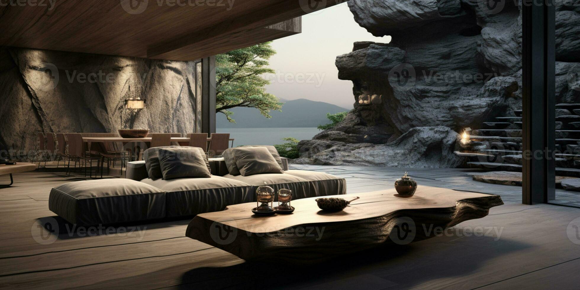 Interior Design, Living room with serene nature view, Beautiful mansion design in the forest, AI Generative photo