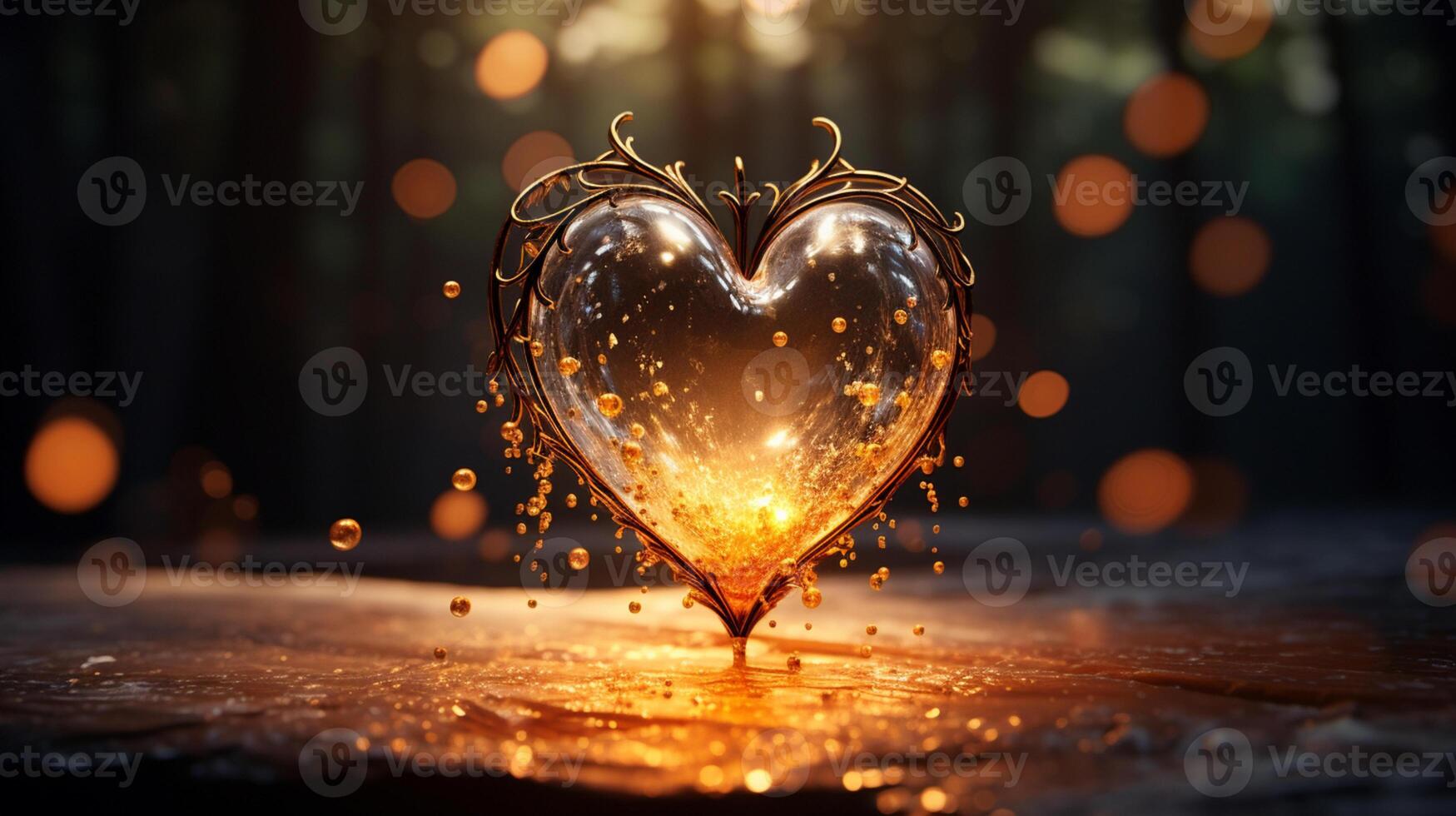 Sparkle Glowing Heart reflected lights, orange and gold, captivating visual, Romantic scenery, dreamy, copy space, greeting card, AI Generative photo