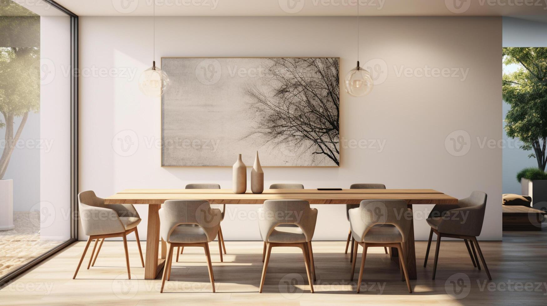 Minimal dining room, bright dining area, interior design, AI Generative photo