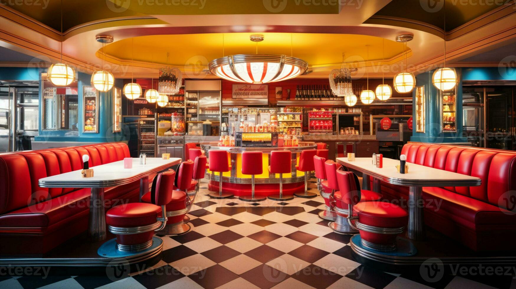 Retro vintage diner restaurant, interior design, stylish old fashioned design concept, AI Generative photo