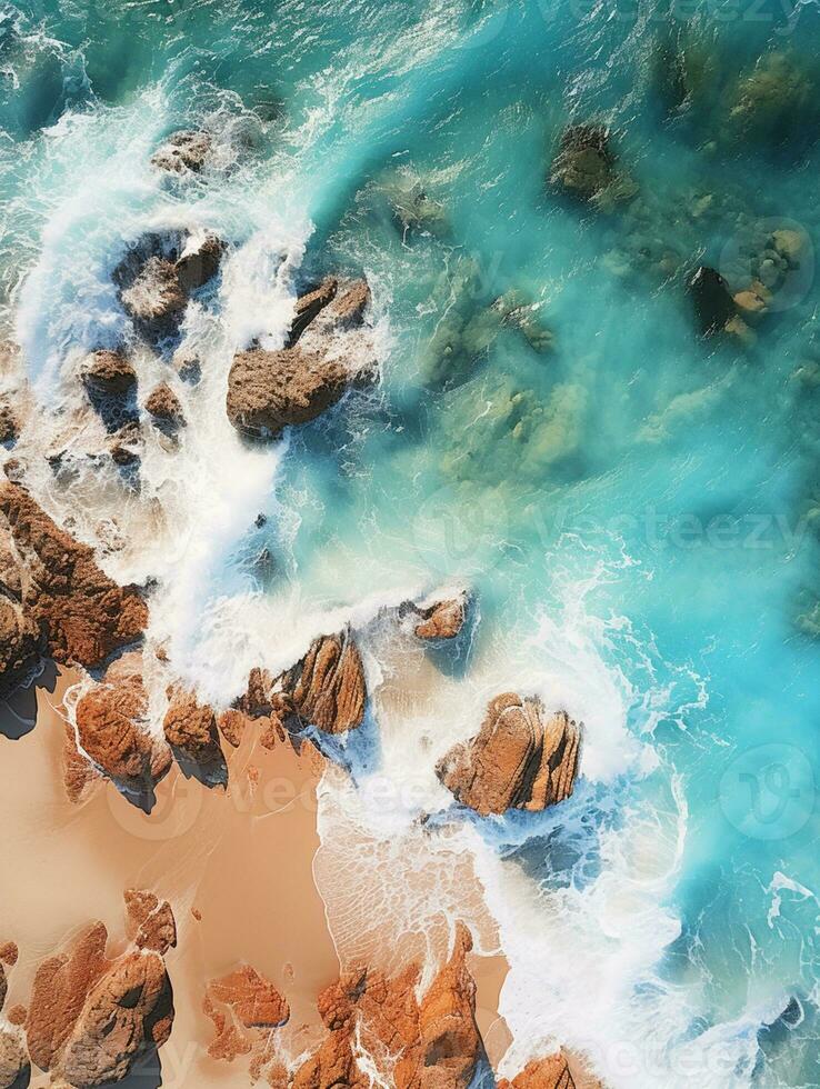 Relaxing aerial view beach, nature holiday template banner, sea shore, coastline, AI Generative photo