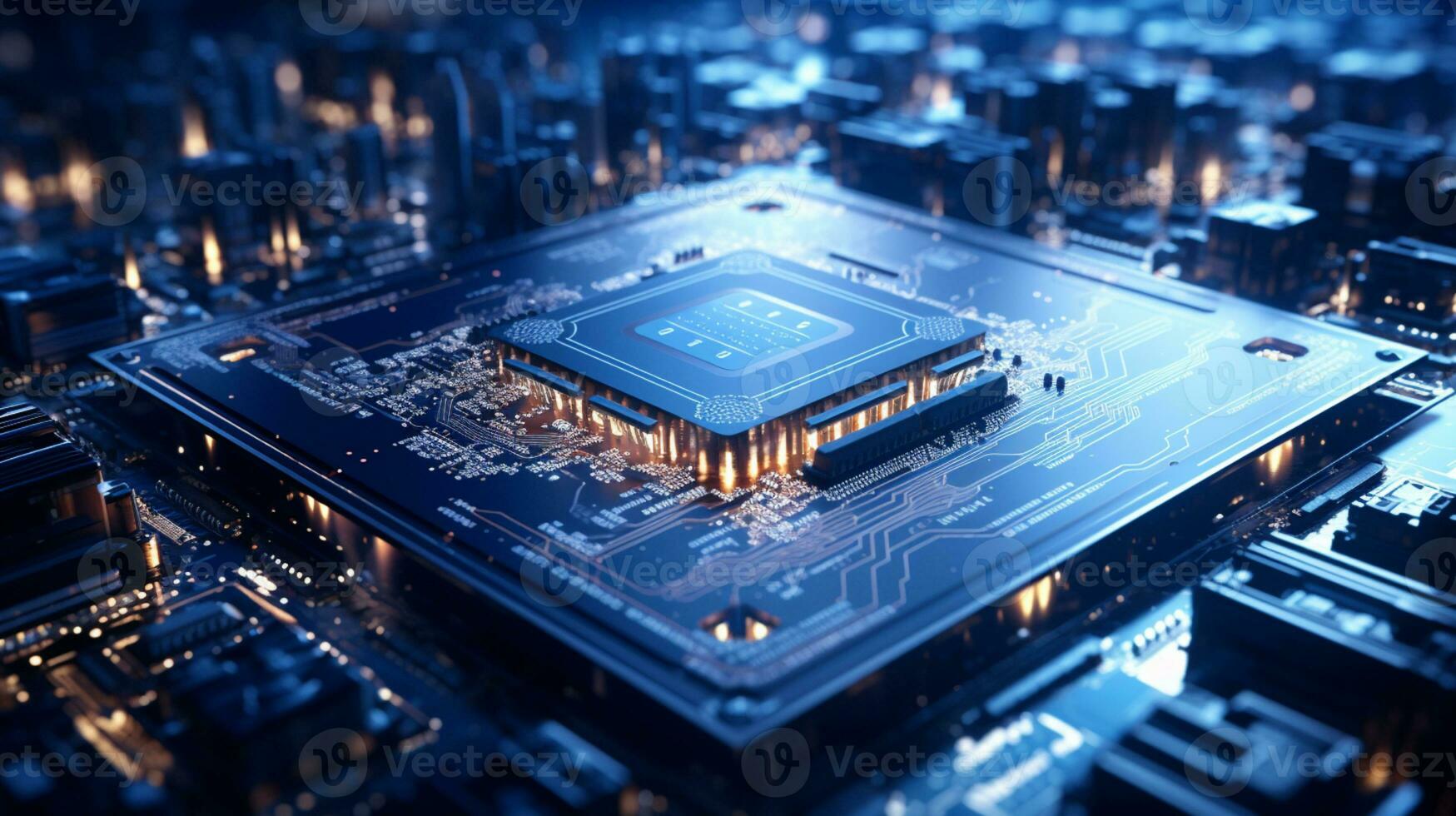 High-tech Computer chip close up shot, production of electronic, circuit board, futuristic design, extreme detail, AI Generative photo
