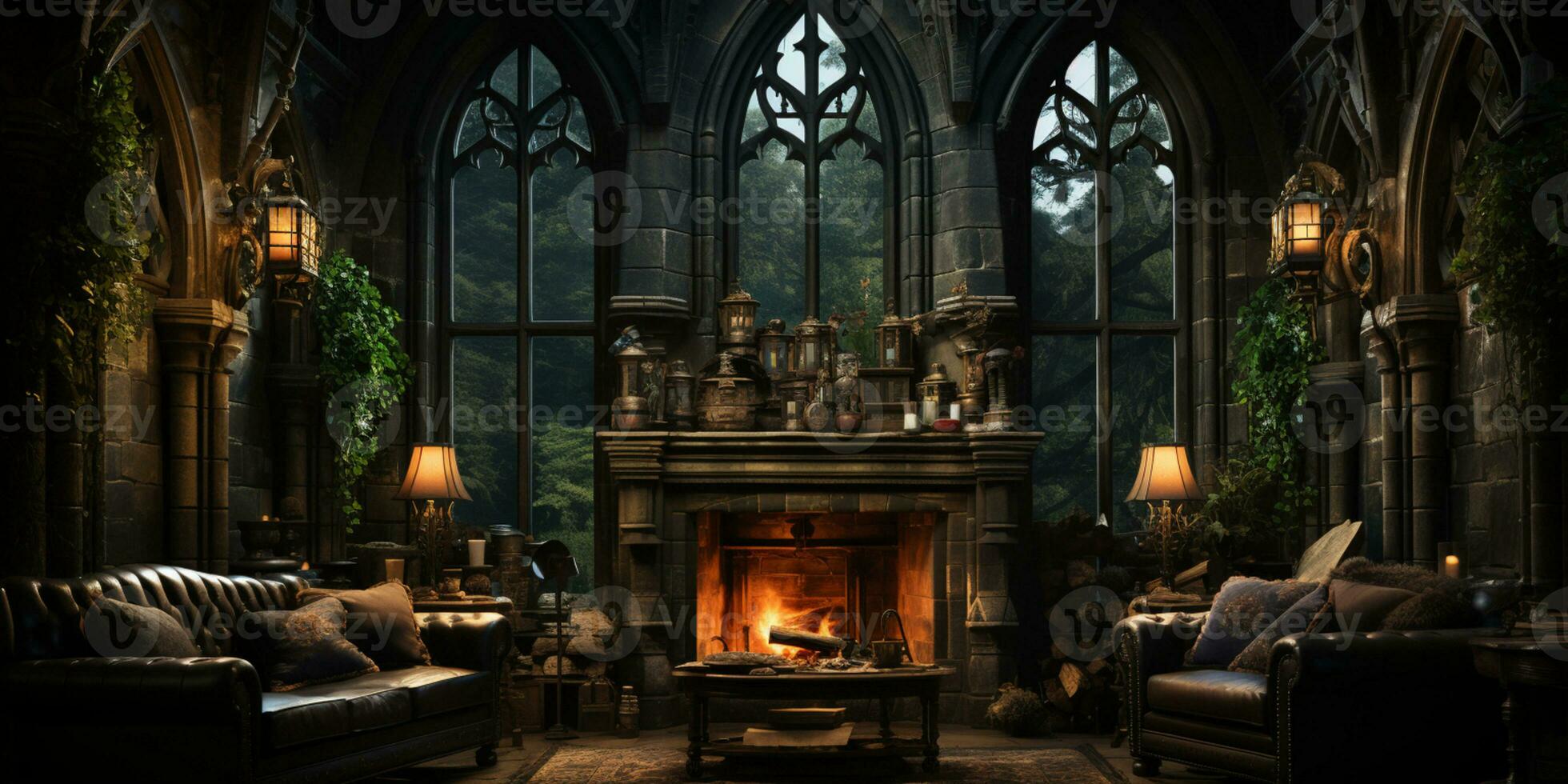 Interior Design, Beautiful Living room Gothic Style, Luxury Mansion, Elegant tall window, AI Generative photo