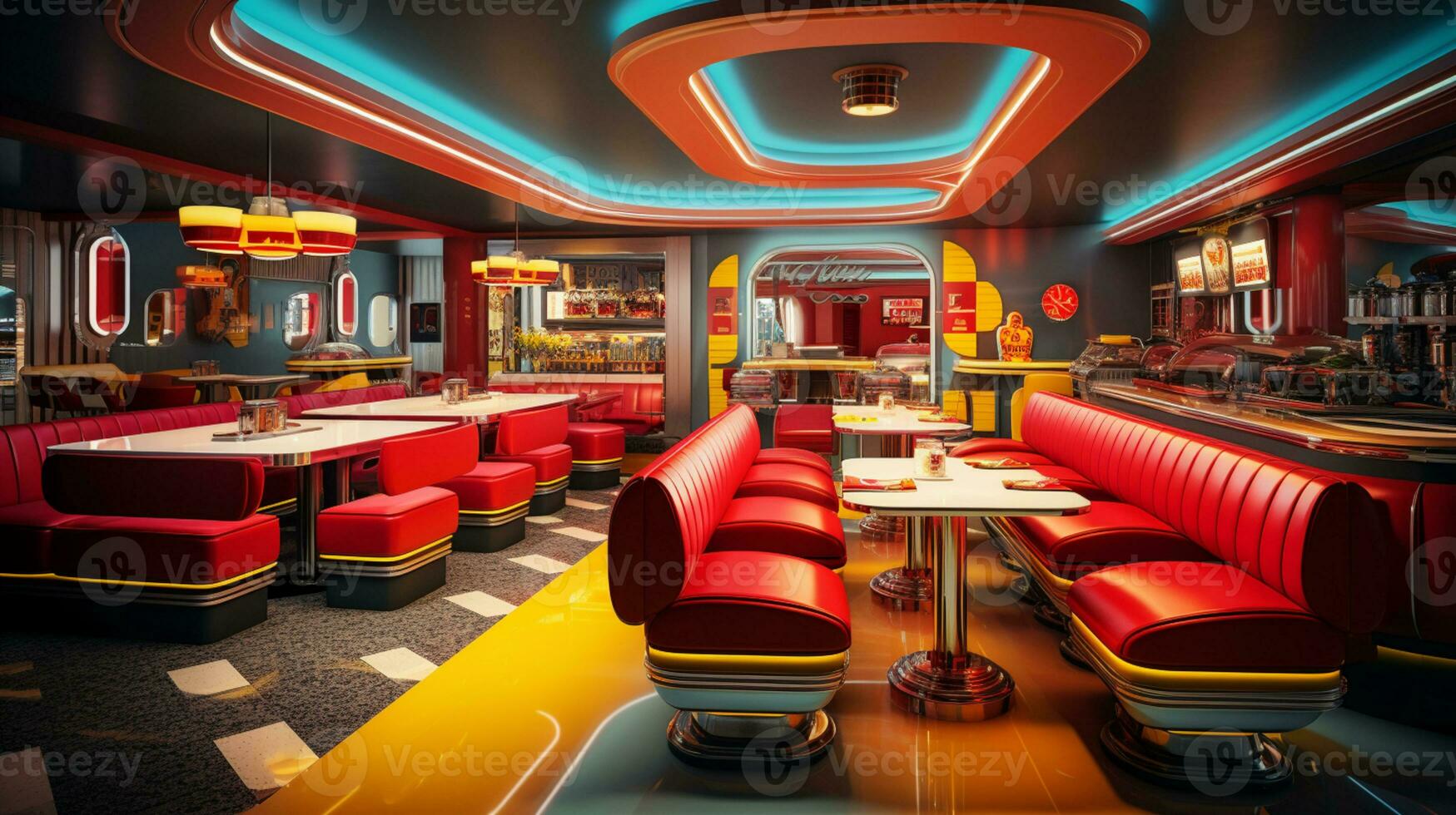 Retro vintage diner restaurant, interior design, stylish old fashioned design concept, AI Generative photo