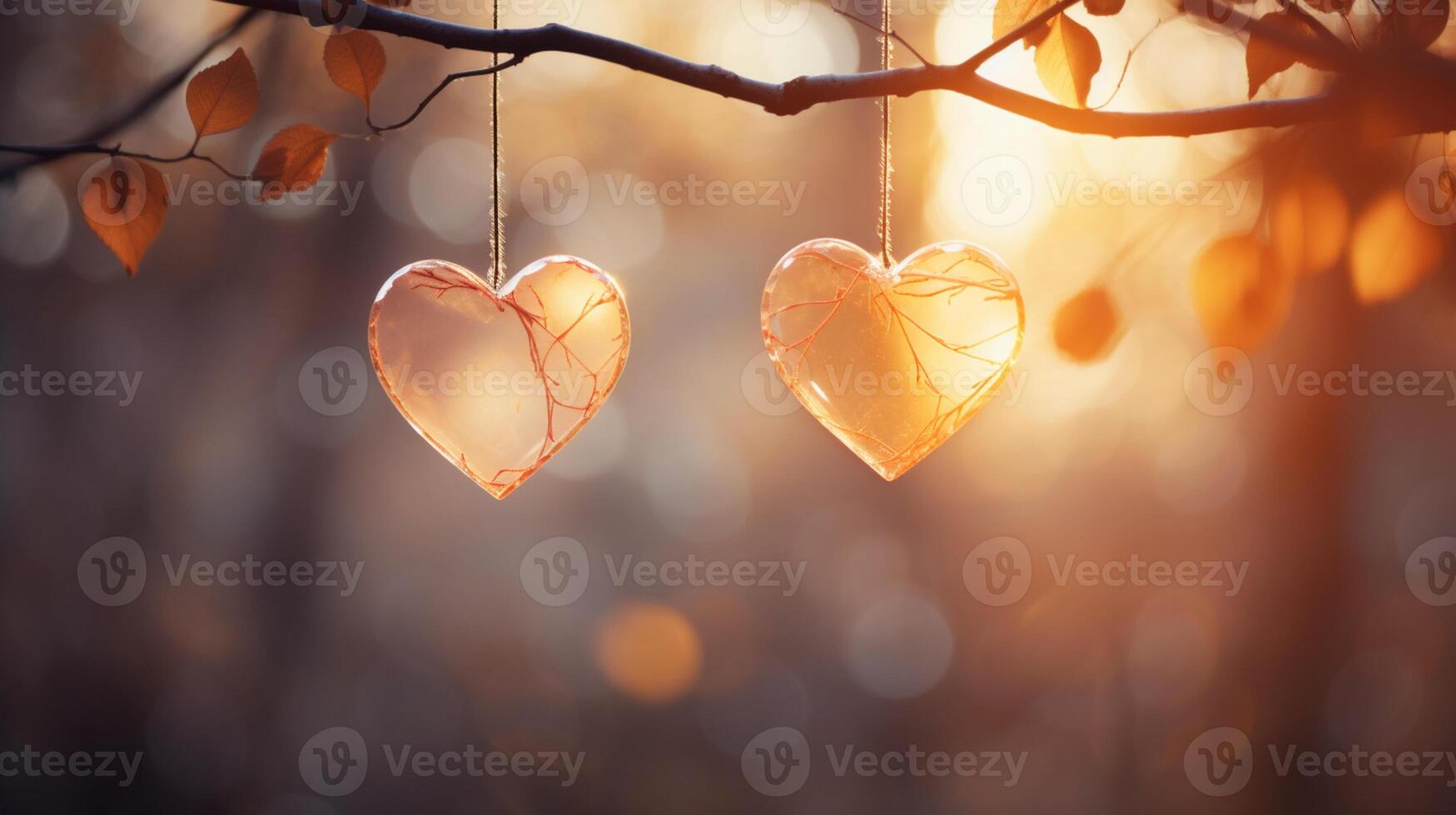 Sparkle Glowing Heart reflected lights, orange and gold, captivating visual, Romantic scenery, dreamy, copy space, greeting card, AI Generative photo