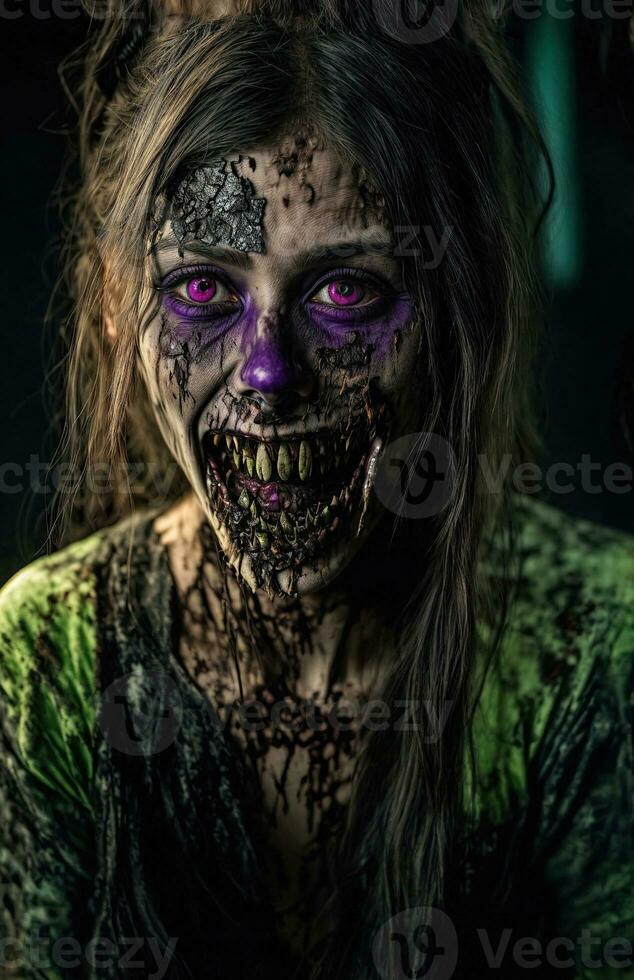 Scary zombie with bloody face outdoors, closeup. Halloween monster, ai generative photo