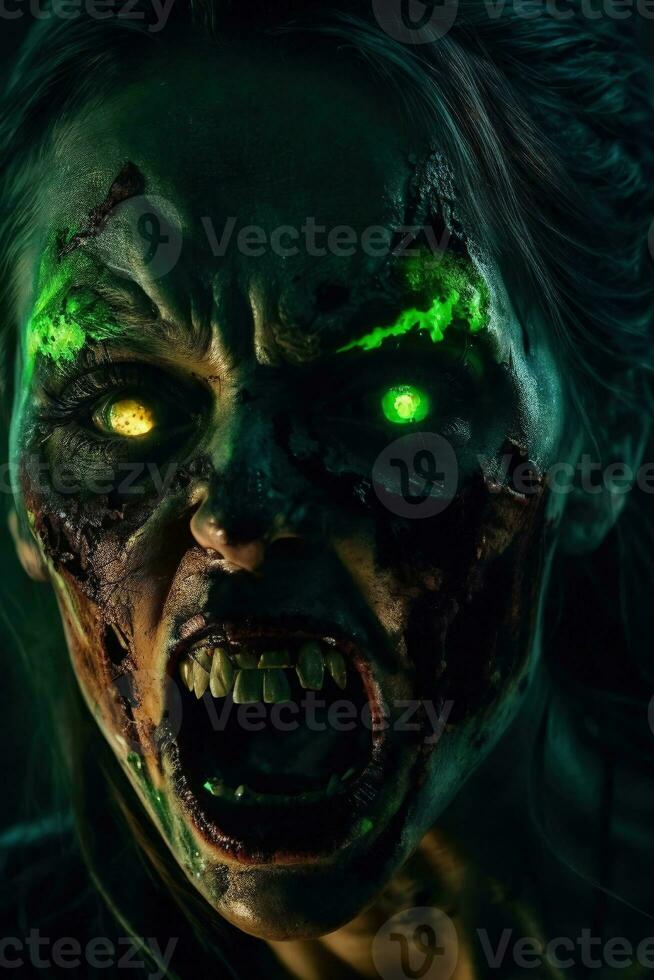 Scary zombie with bloody face outdoors, closeup. Halloween monster, ai generative photo