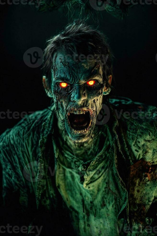 Scary zombie with bloody face outdoors, closeup. Halloween monster, ai generative photo