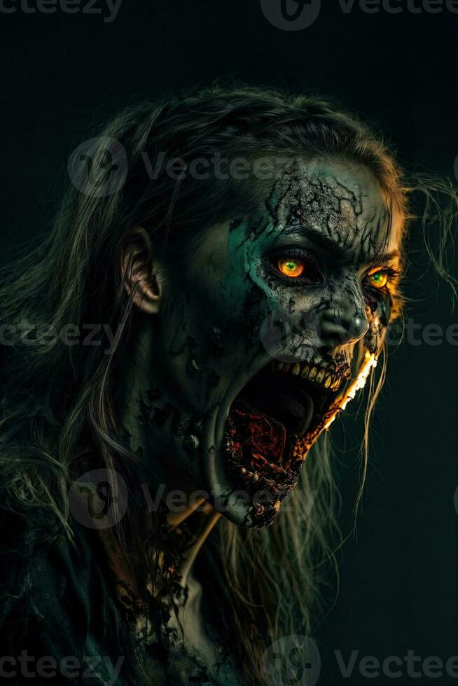 Scary zombie with bloody face outdoors, closeup. Halloween monster, ai generative photo