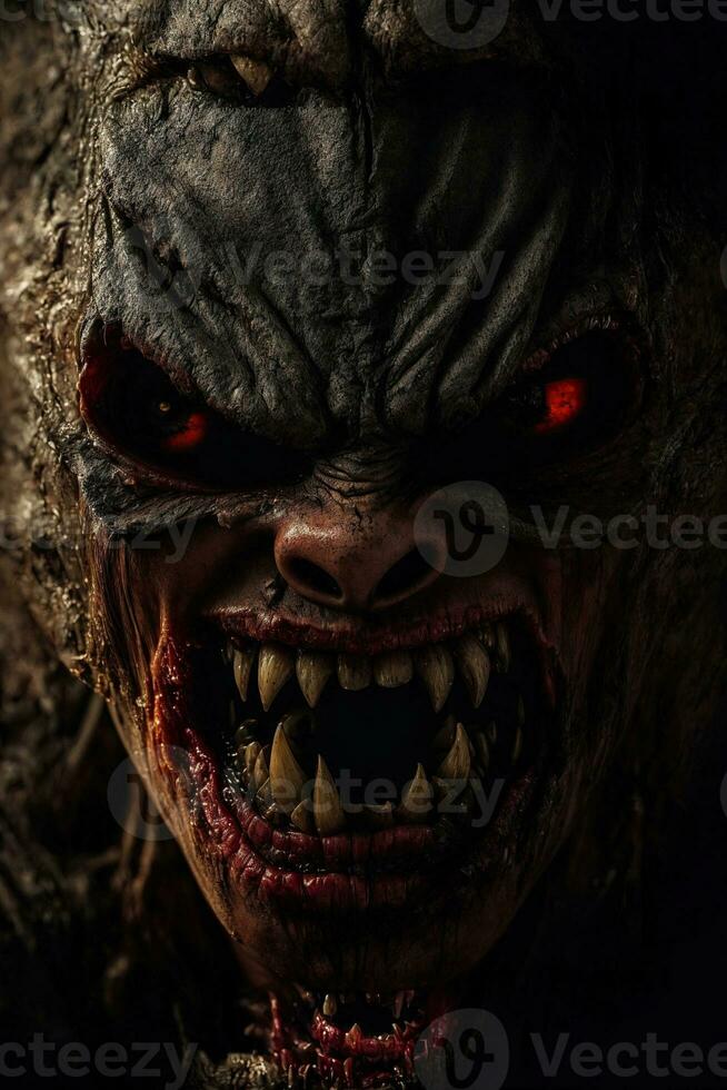 Scary zombie with bloody face outdoors, closeup. Halloween monster, ai generative photo
