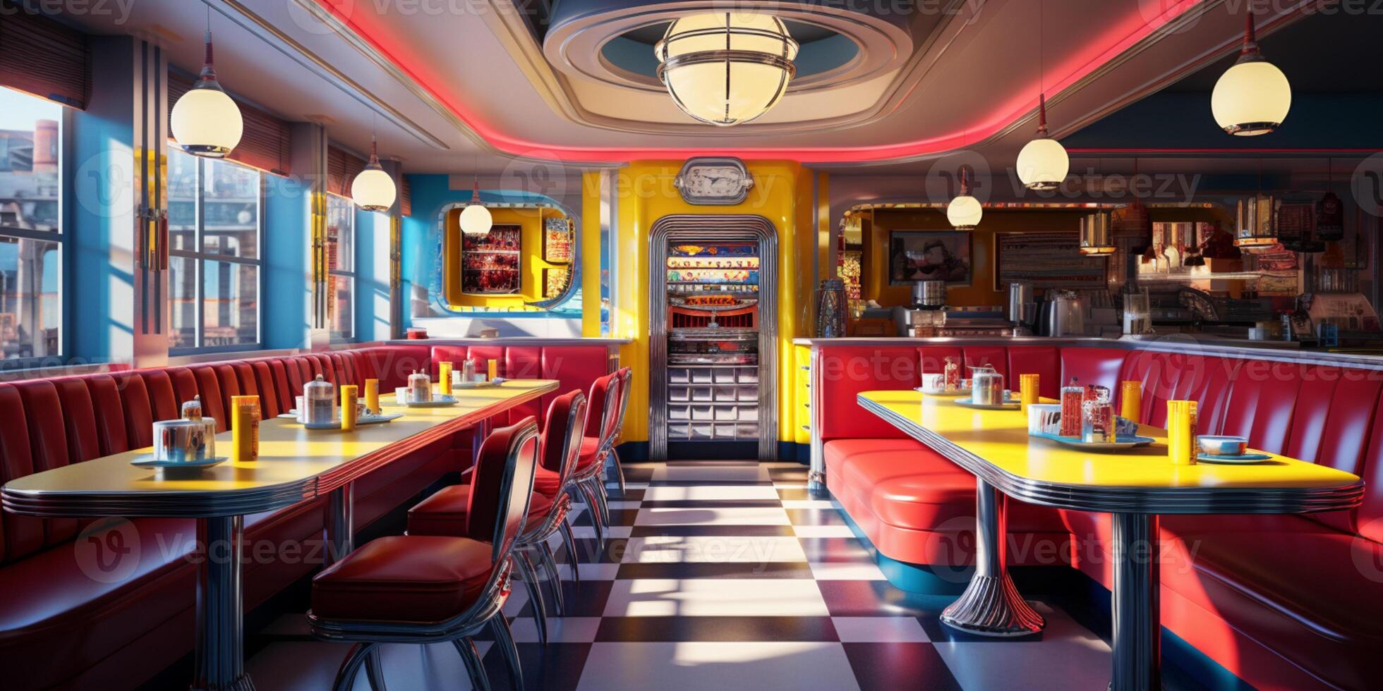 Retro vintage diner restaurant, interior design, stylish old fashioned design concept, AI Generative photo