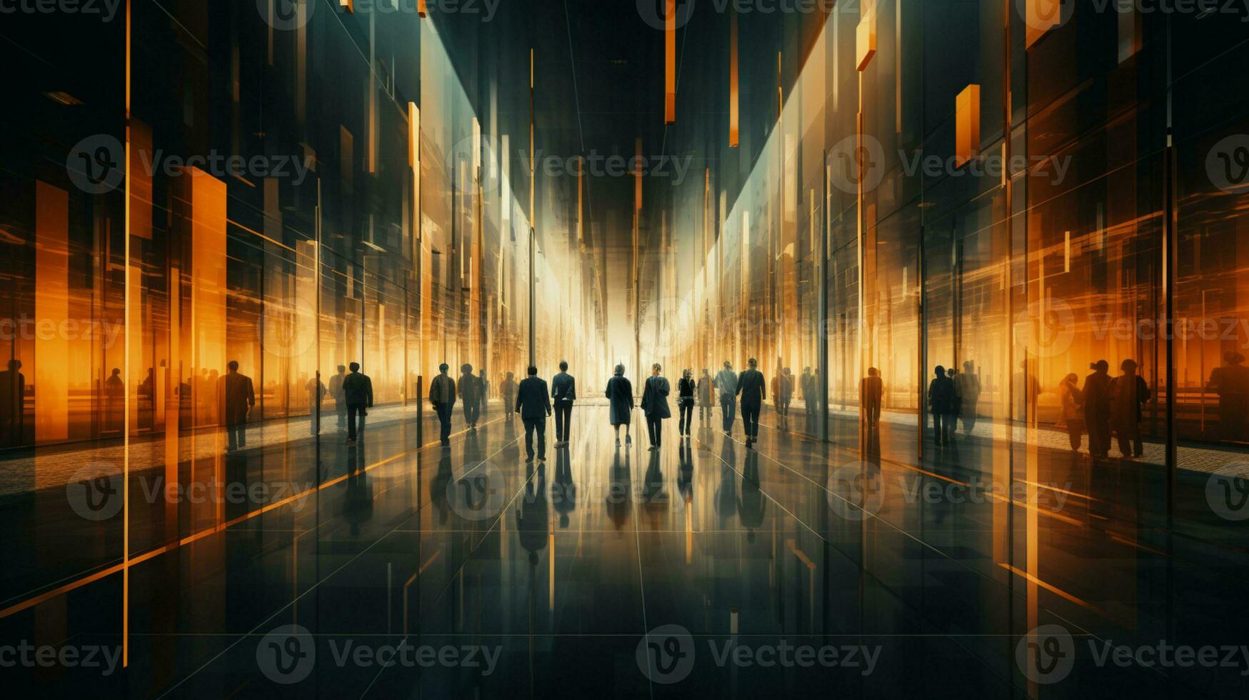 Business People walking in modern futuristic lobby, Blurred motion, AI Generative photo