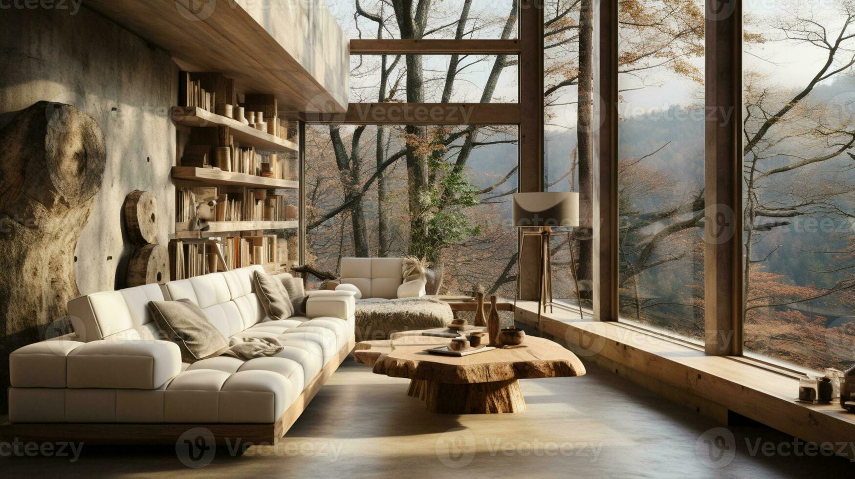 Interior Design, Minimalistic Living room with serene nature view, Beautiful villa design in the forest, AI Generative photo