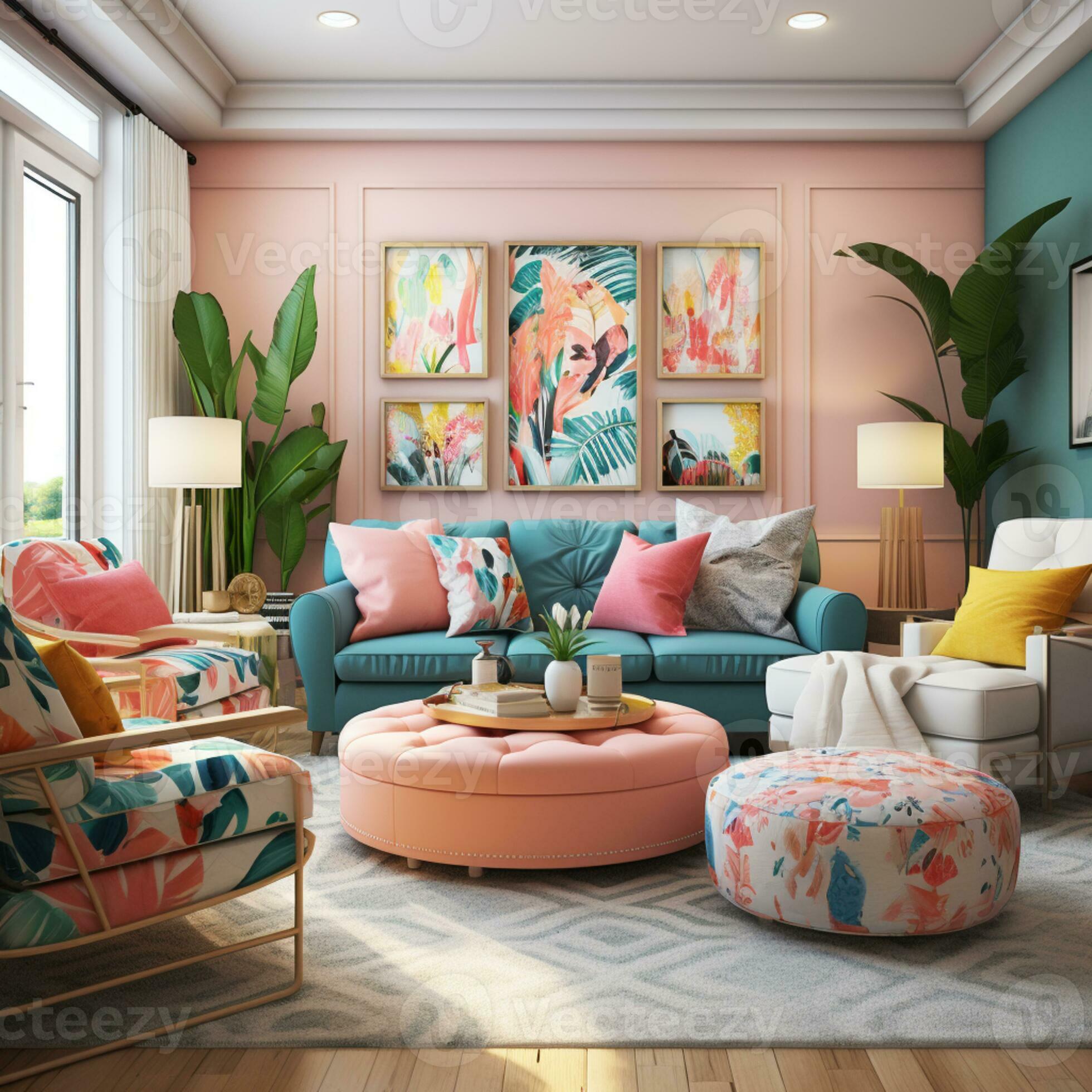 Furnished Modern Living room, bright blue and pink color palette, interior design, AI Generative