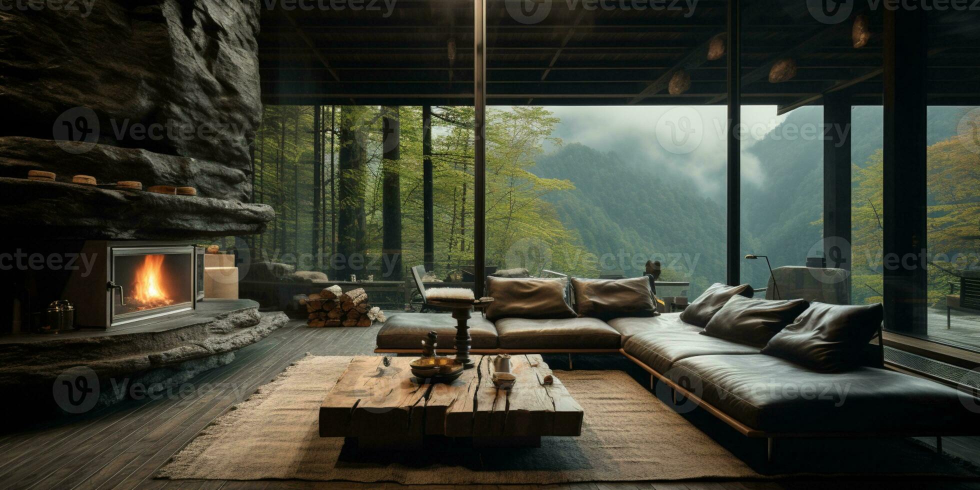 interior diseño, vivo habitación con sereno naturaleza vista, hermosa mansión diseño en el bosque, ai generativo foto