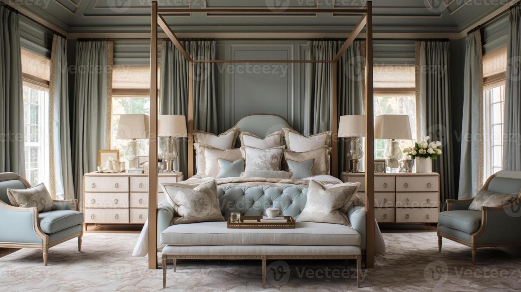 Luxurious furnished master bedroom suite, elegant interior design, modern house design concept, AI Generative photo