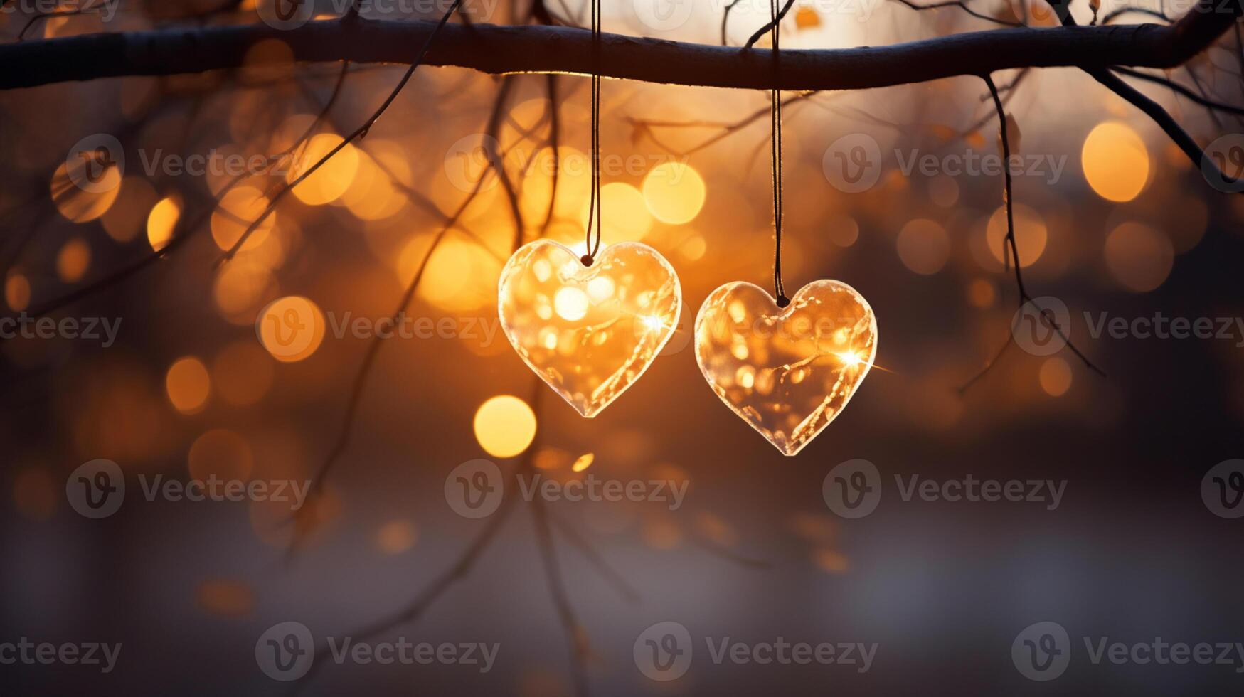 Sparkle Glowing Heart reflected lights, orange and gold, captivating visual, Romantic scenery, dreamy, copy space, greeting card, AI Generative photo