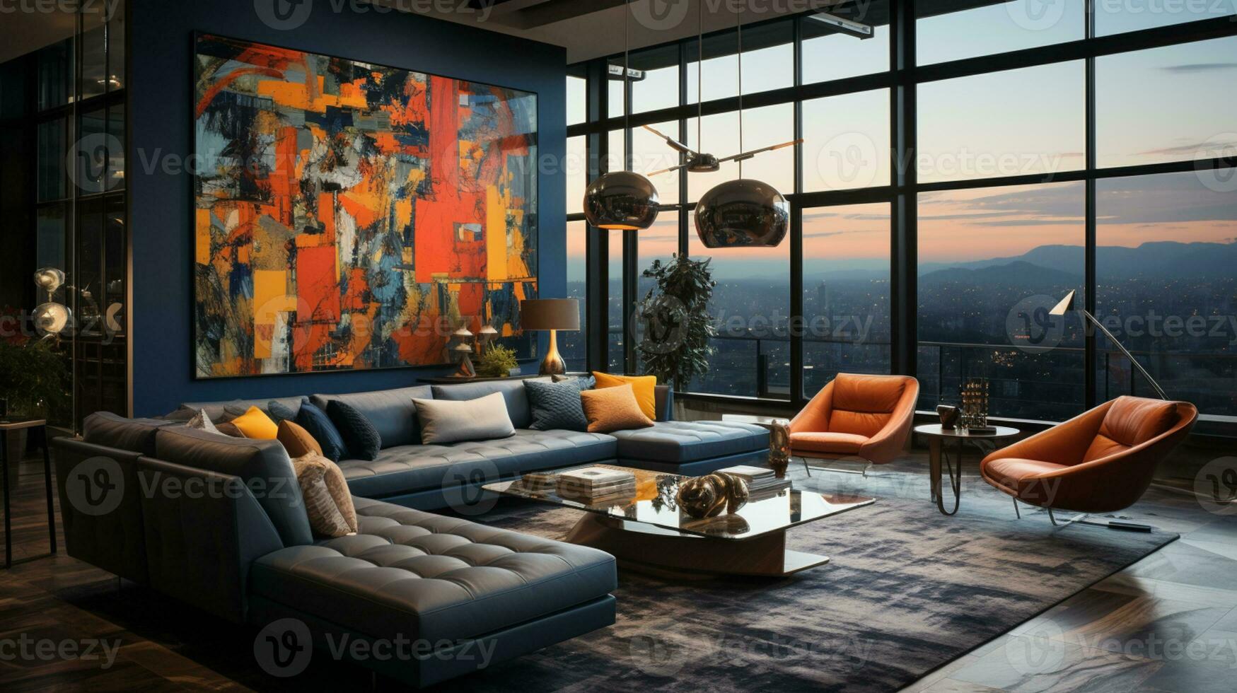 interior diseño moderno vivo habitación, ventanas espectáculo maravilloso ver de el ciudad horizonte, Departamento habitación, ai generativo foto