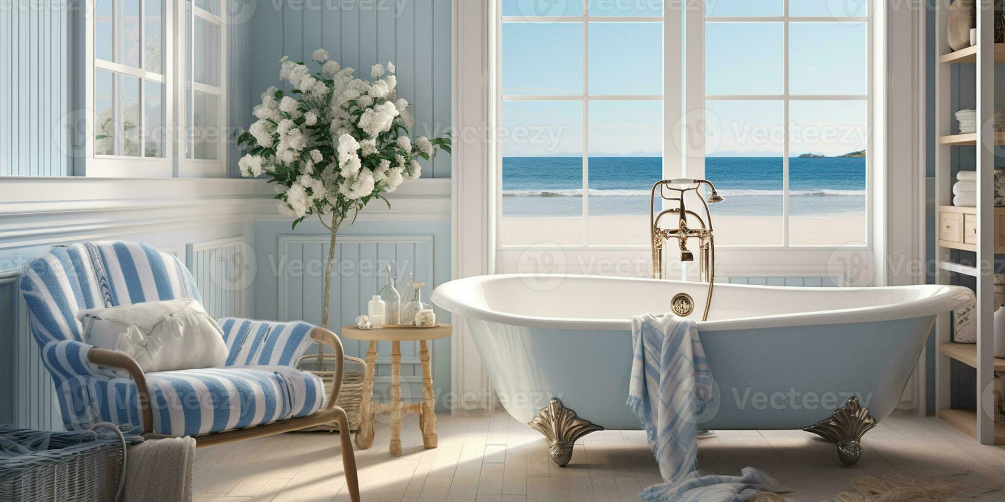 Bathroom in blue and white color, inspired beach design, AI Generative photo