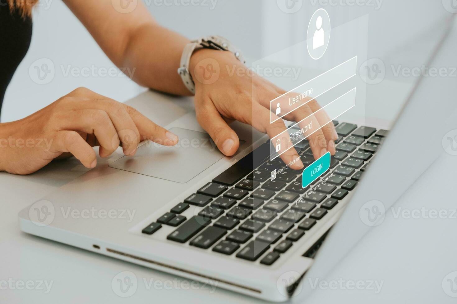 Woman hand typing on keyboard with login and password on screen display, cyber security concept, data protection and secured internet access. photo