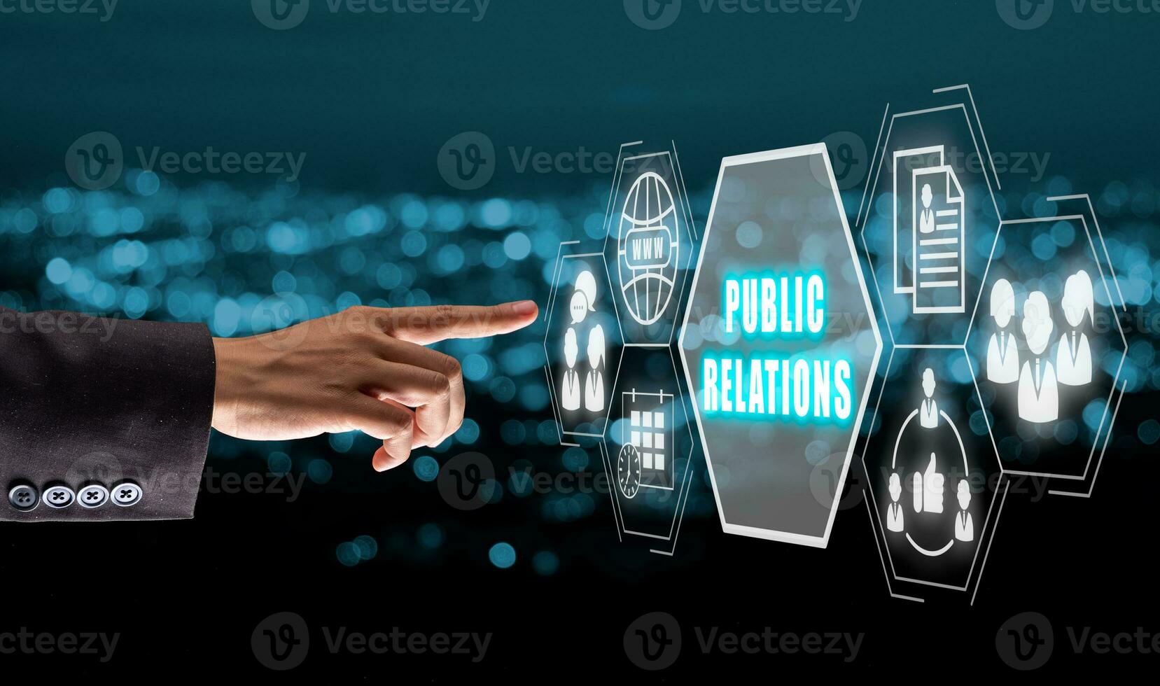 Public relations concept, Business woman hand touching public relations icon on virtual screen. photo