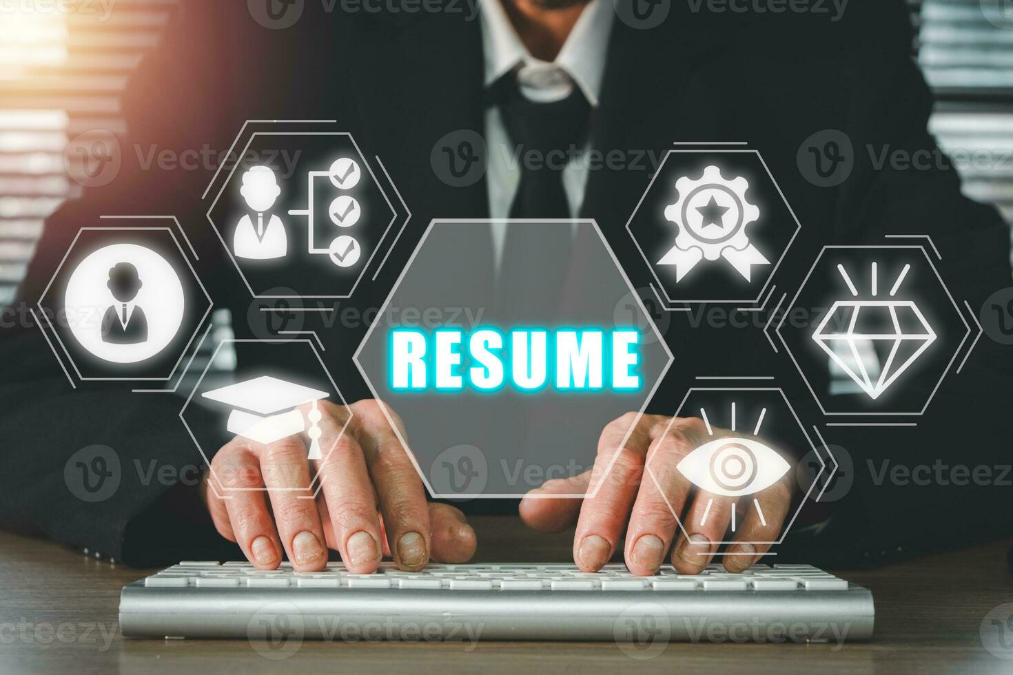 Resume concept, Businessman typing on keyboard computer with resume icon on virtual screen. photo