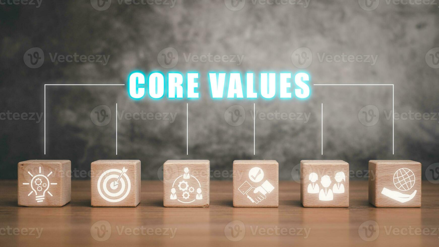 Core values concept, Wooden block on desk with core values icon on virtual screen. photo