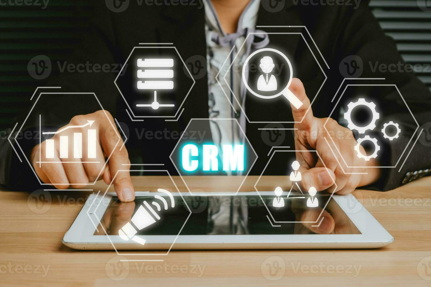 CRM Customer Relationship Management Business Internet Techology Concept, Man hand touching customer Relationship Management icon on VR creen. photo