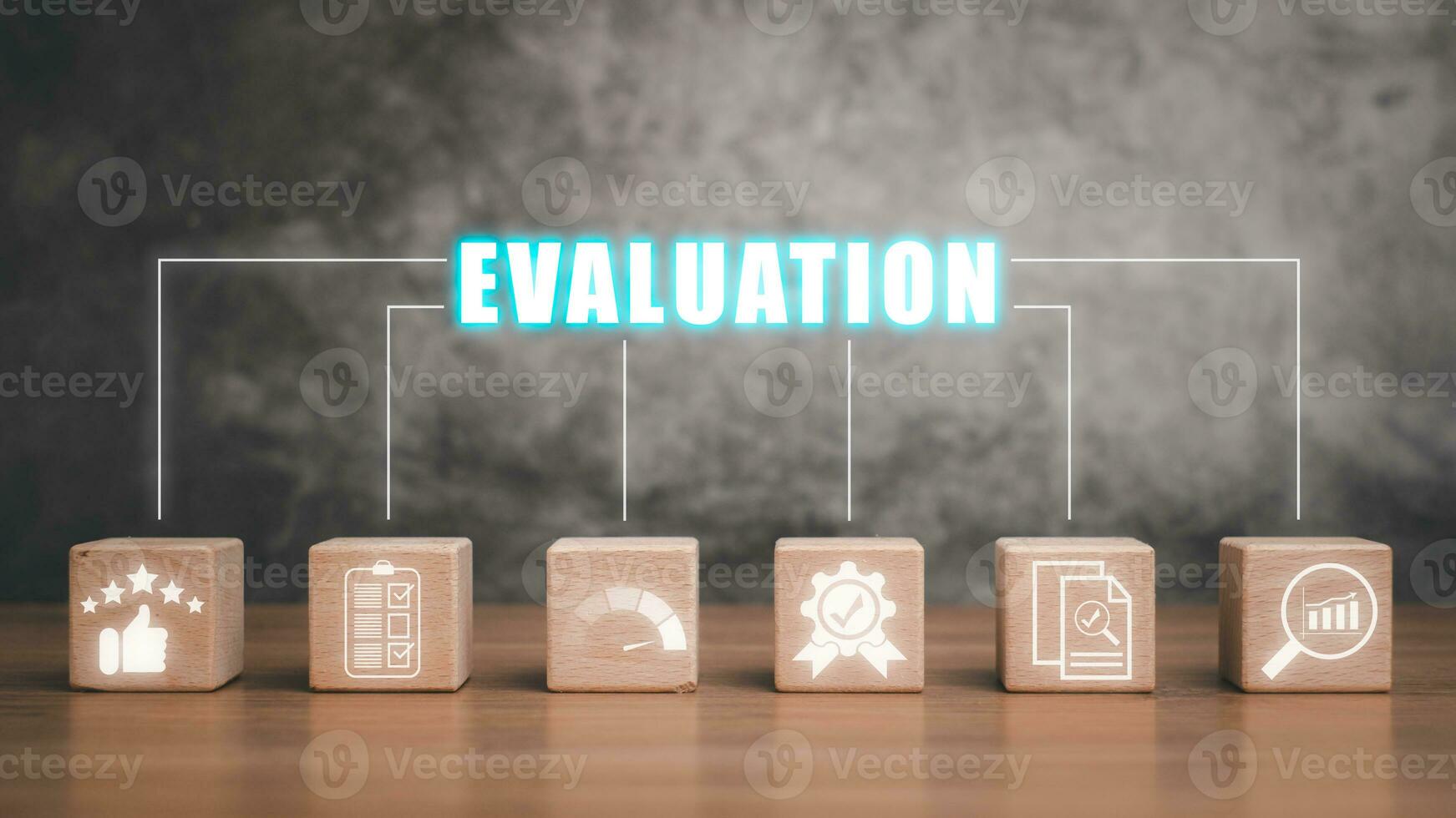 Evaluation concept, Wooden block on desk with evaluation icon on virtual screen. photo