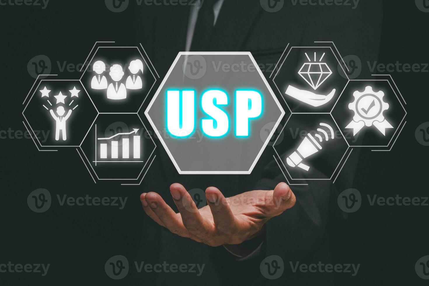 USP, Unique Selling Proposition concept, Businessman hand holding Unique Selling Proposition icon on virtual screen. photo