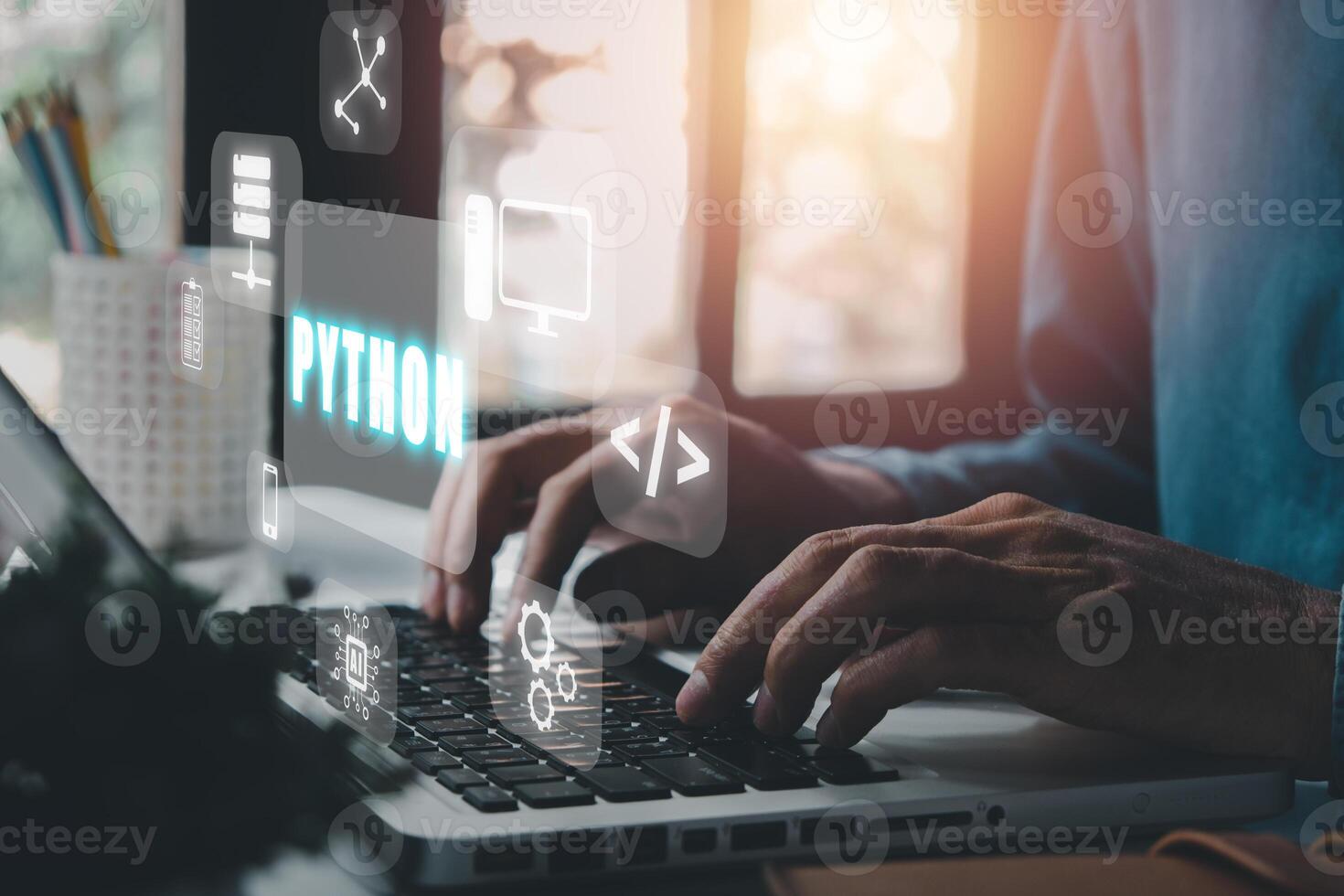 Python Programming Language,Man using laptop computer with python programming icon on virtual screen, Application and web development concept. photo