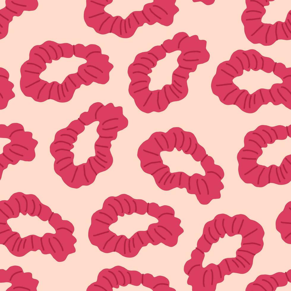 Vector seamless pattern with silk red scrunchy on pink beige background.