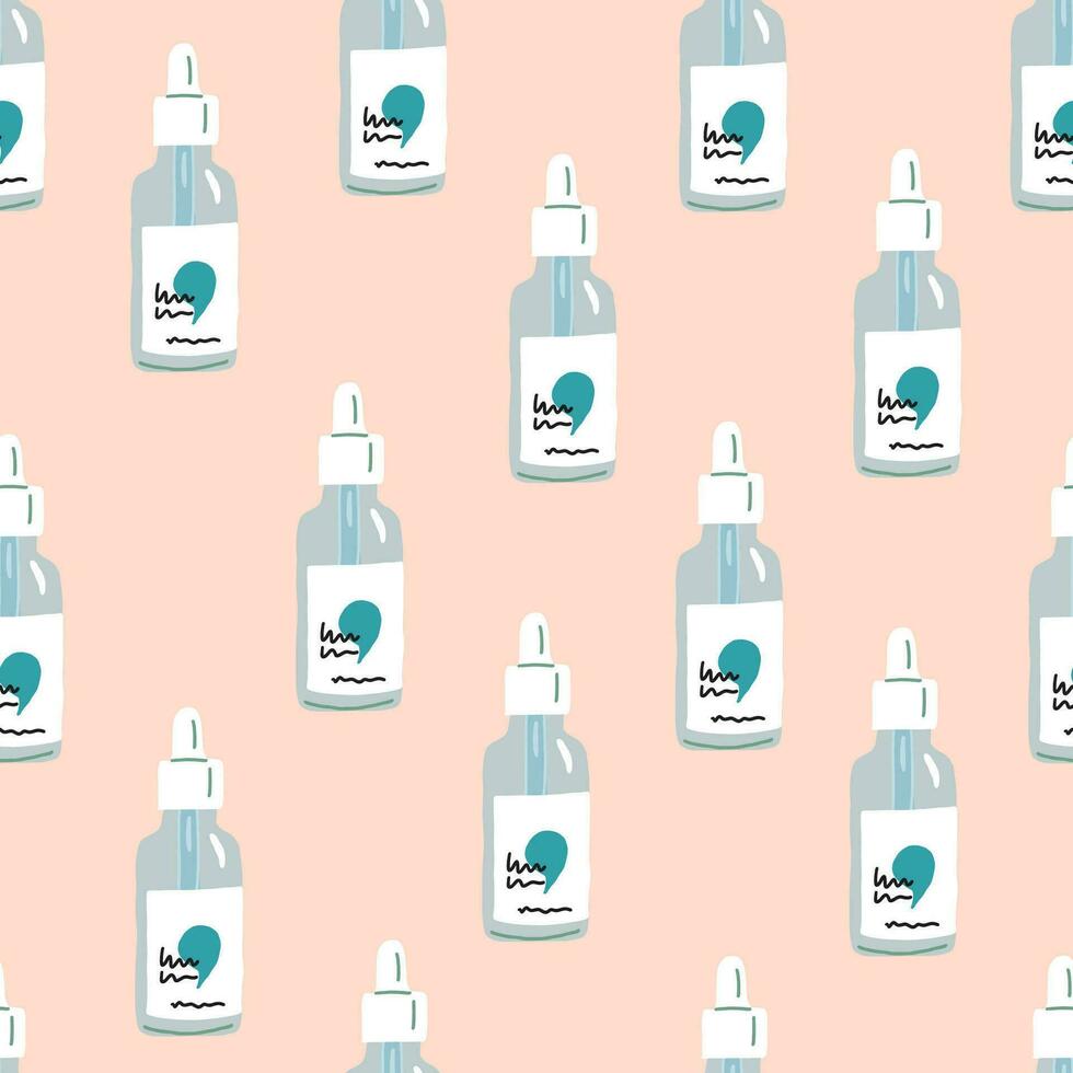 Vector seamless pattern with glass bottle with daycare serum, skin routine pattern