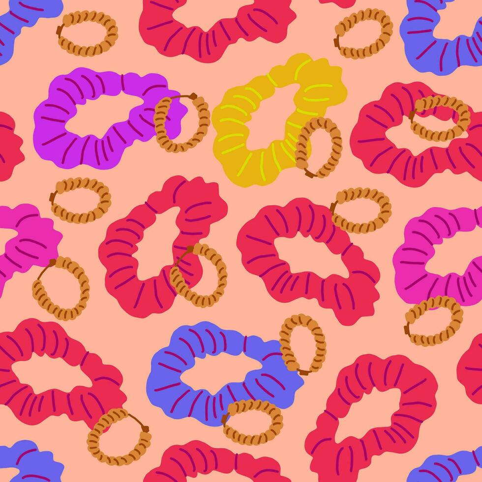 Vector seamless pattern with silk scrunchy and golden earrings on pink beige background.