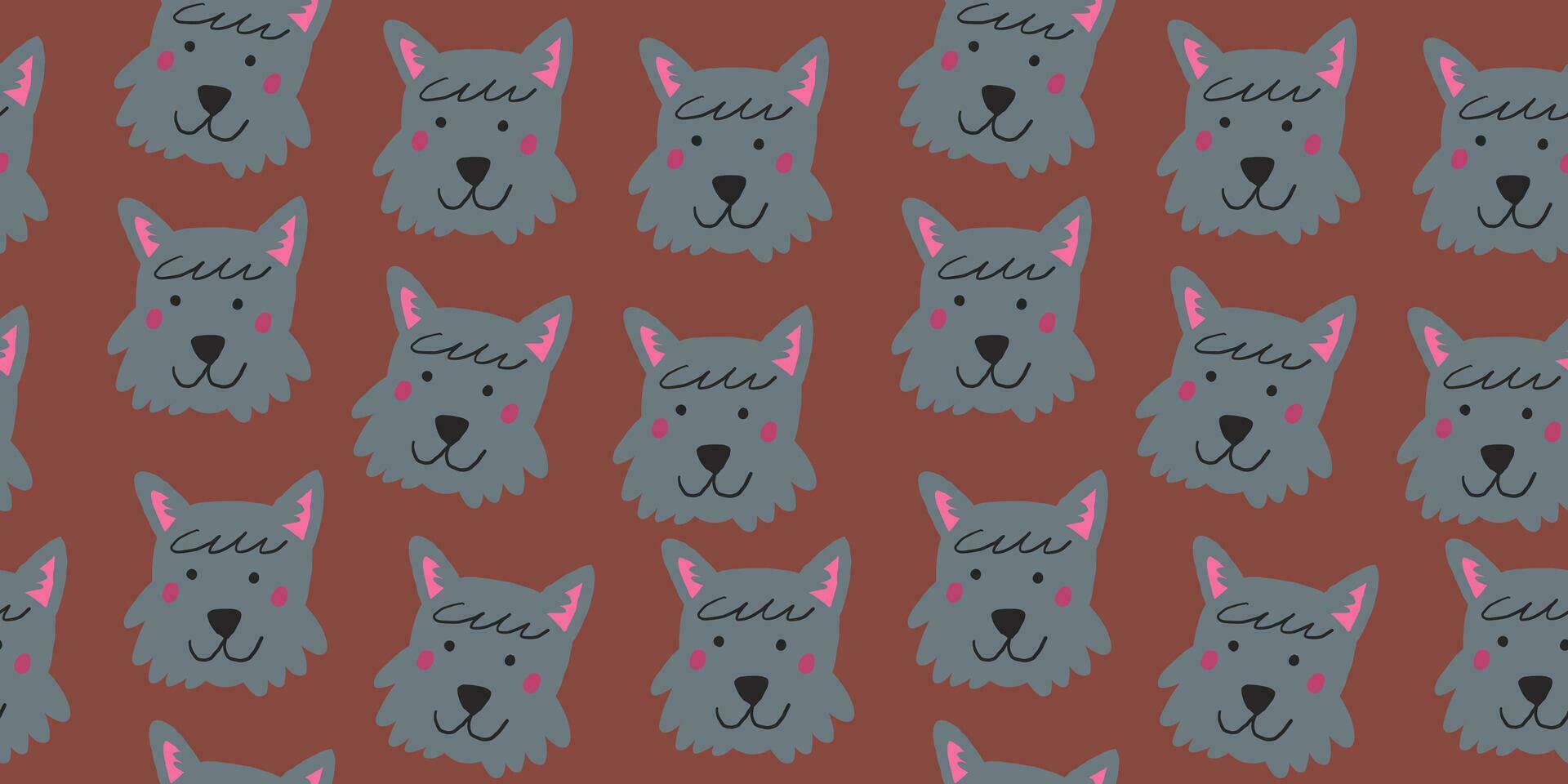 Vector seamless pattern with cute terrier dog faces. Dog pattern on brown background.