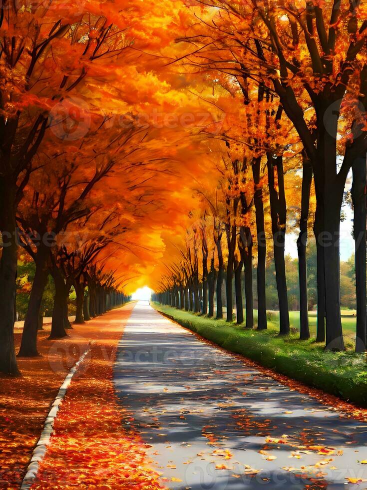 camino en otoño arboles callejón con arce hojas. generativo ai foto