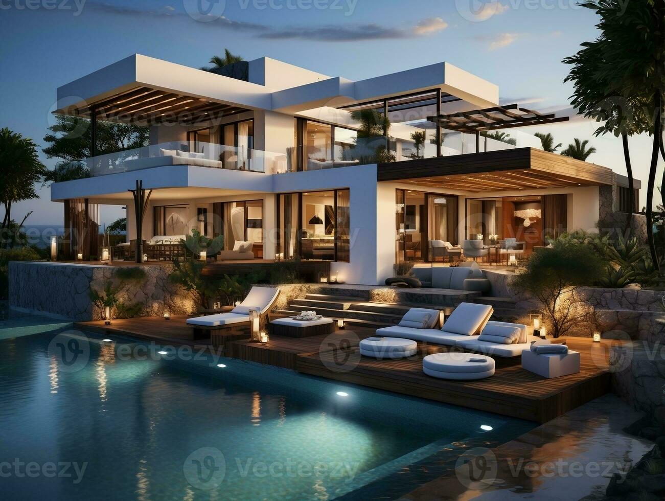 3D modern villa with a swimming pool and lounge area AI Generative photo