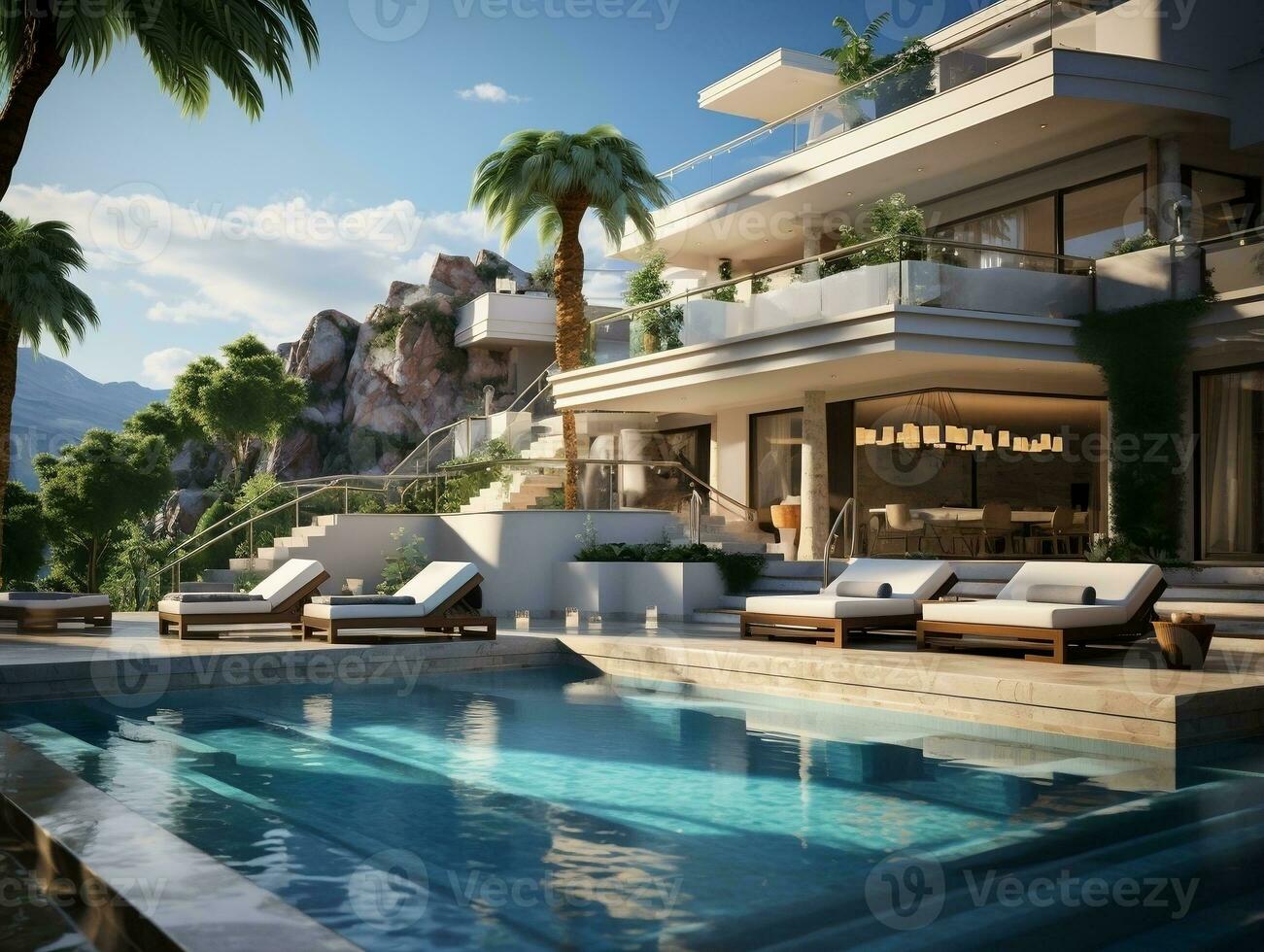 3d moderno villa con un nadando piscina y salón zona ai generativo foto
