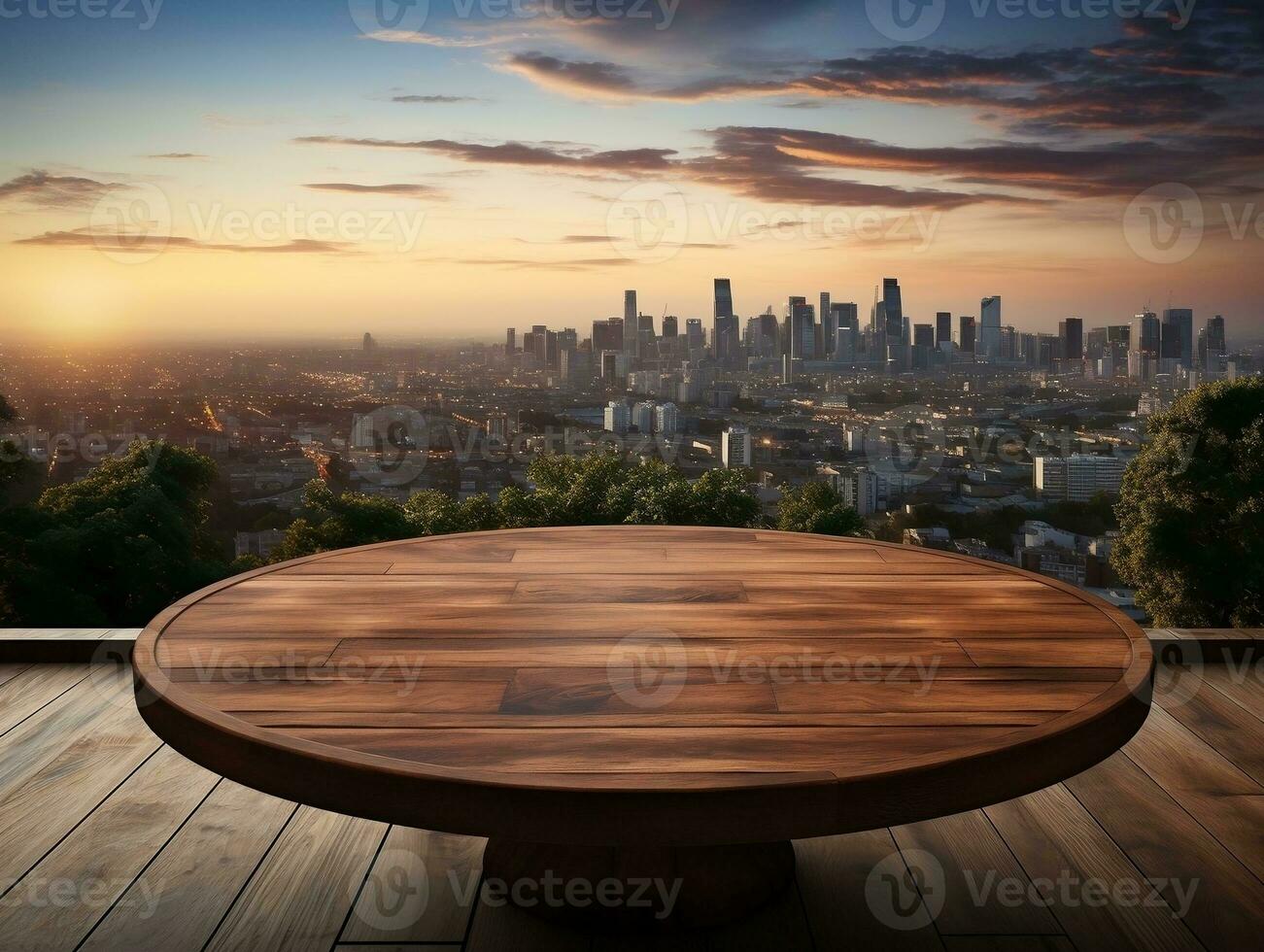 de madera mesa en frente de el ciudad detallado antecedentes ai generativo foto