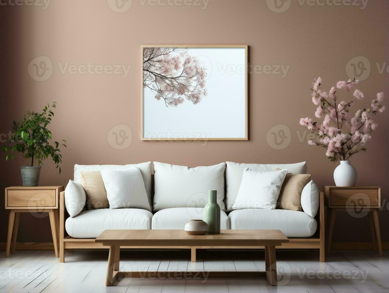 calentar y acogedor primavera vivo habitación interior con Bosquejo póster marco ai generativo foto