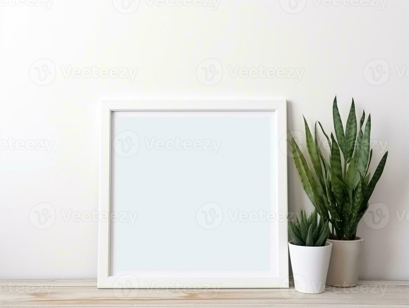 Empty frame on a white table with plants mockup for art showcase AI Generative photo