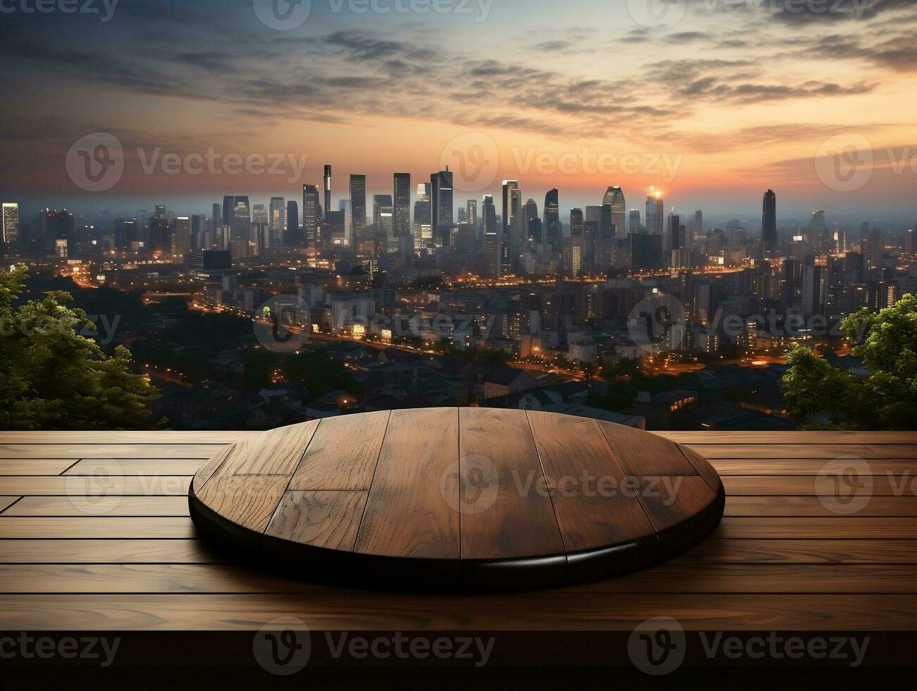 de madera mesa en frente de el ciudad detallado antecedentes ai generativo foto
