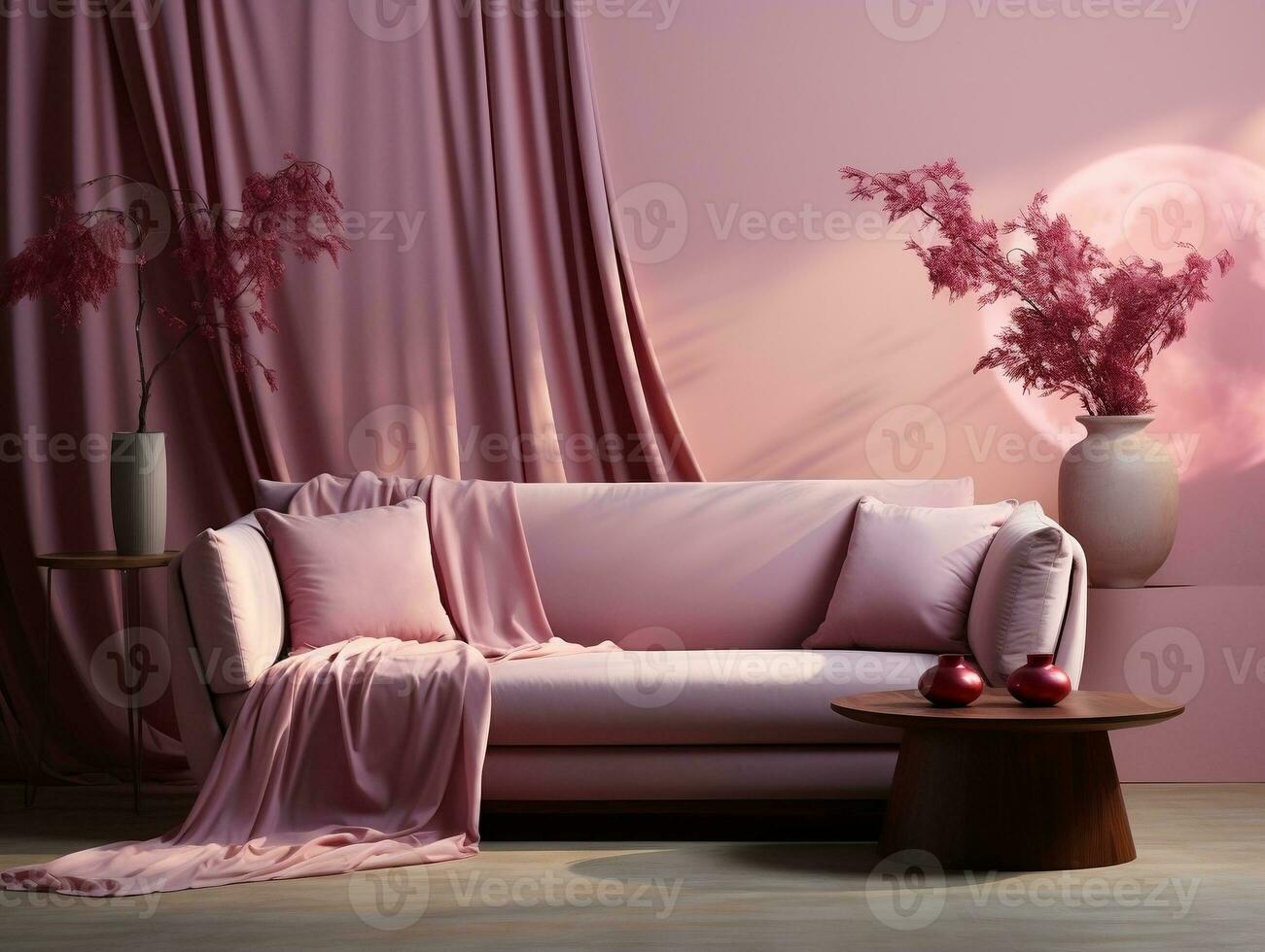 Light pink wall bedroom with sofa and coffee table AI Generative photo