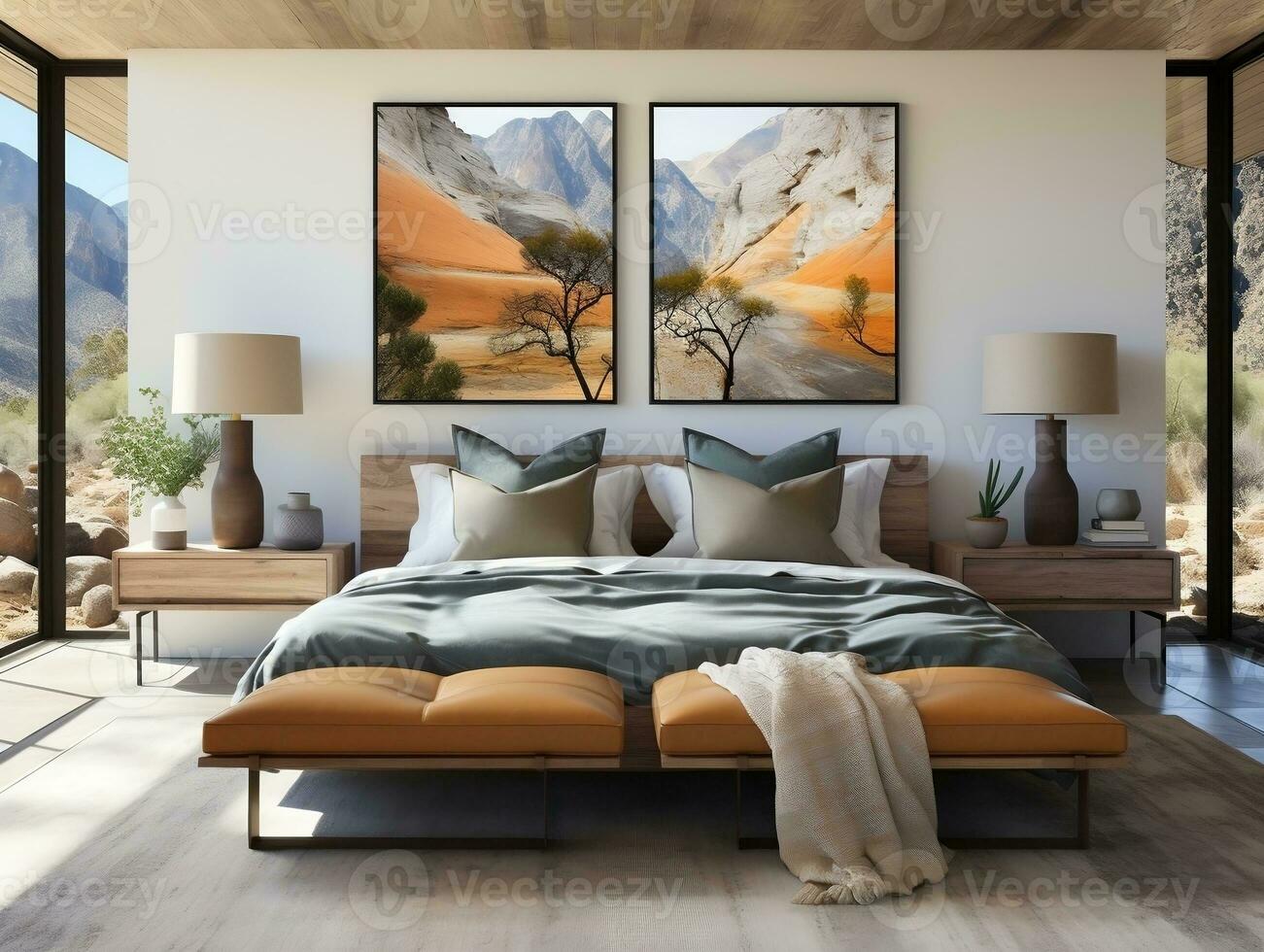 A bedroom designed in a clean white and black color scheme AI Generative photo