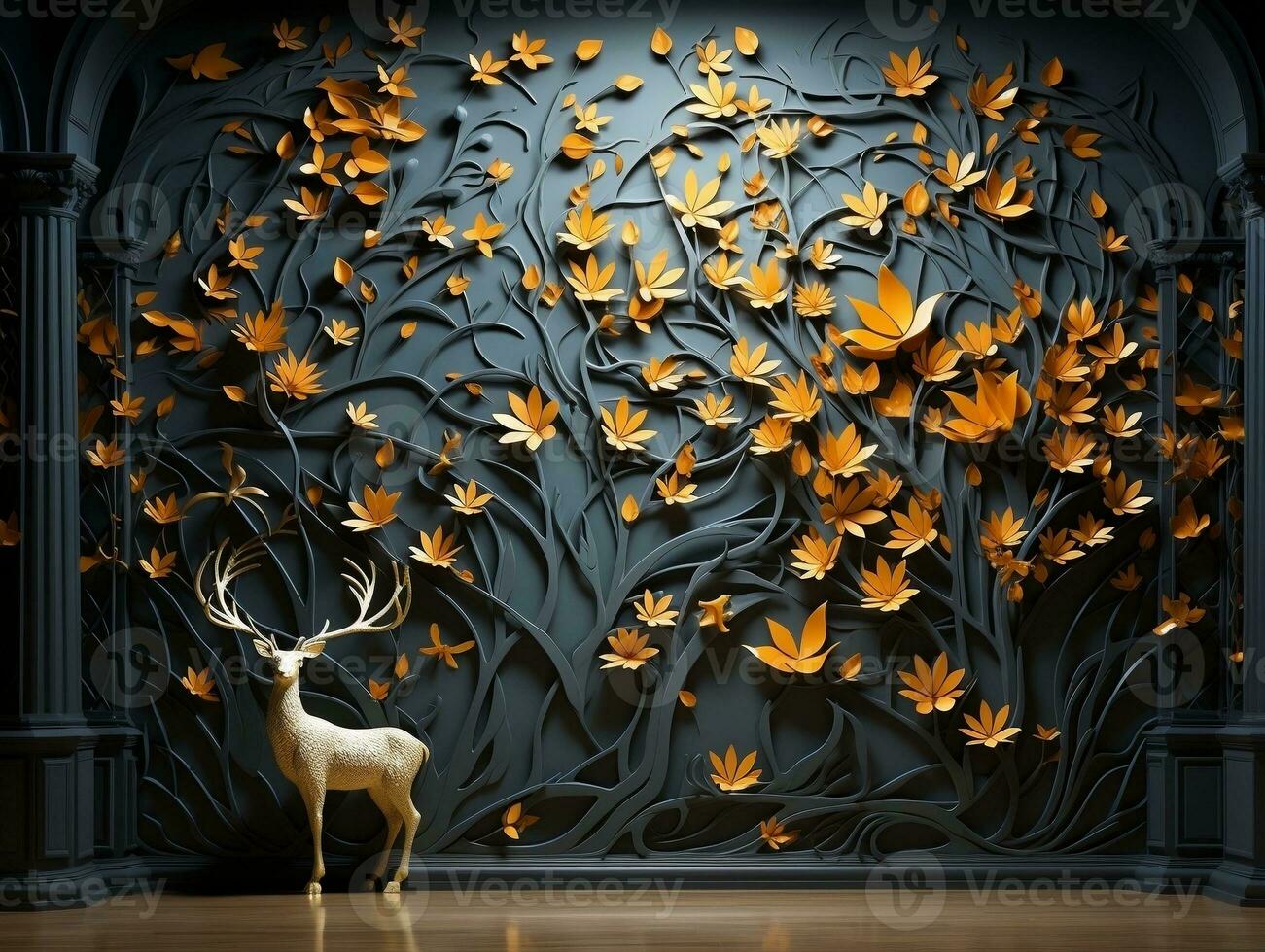 Modern living room with 3D dark gold deer forest on the wall AI Generative photo