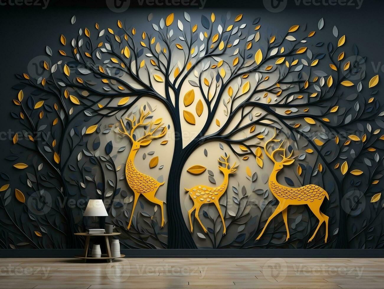 moderno vivo habitación con 3d oscuro oro ciervo bosque en el pared ai generativo foto