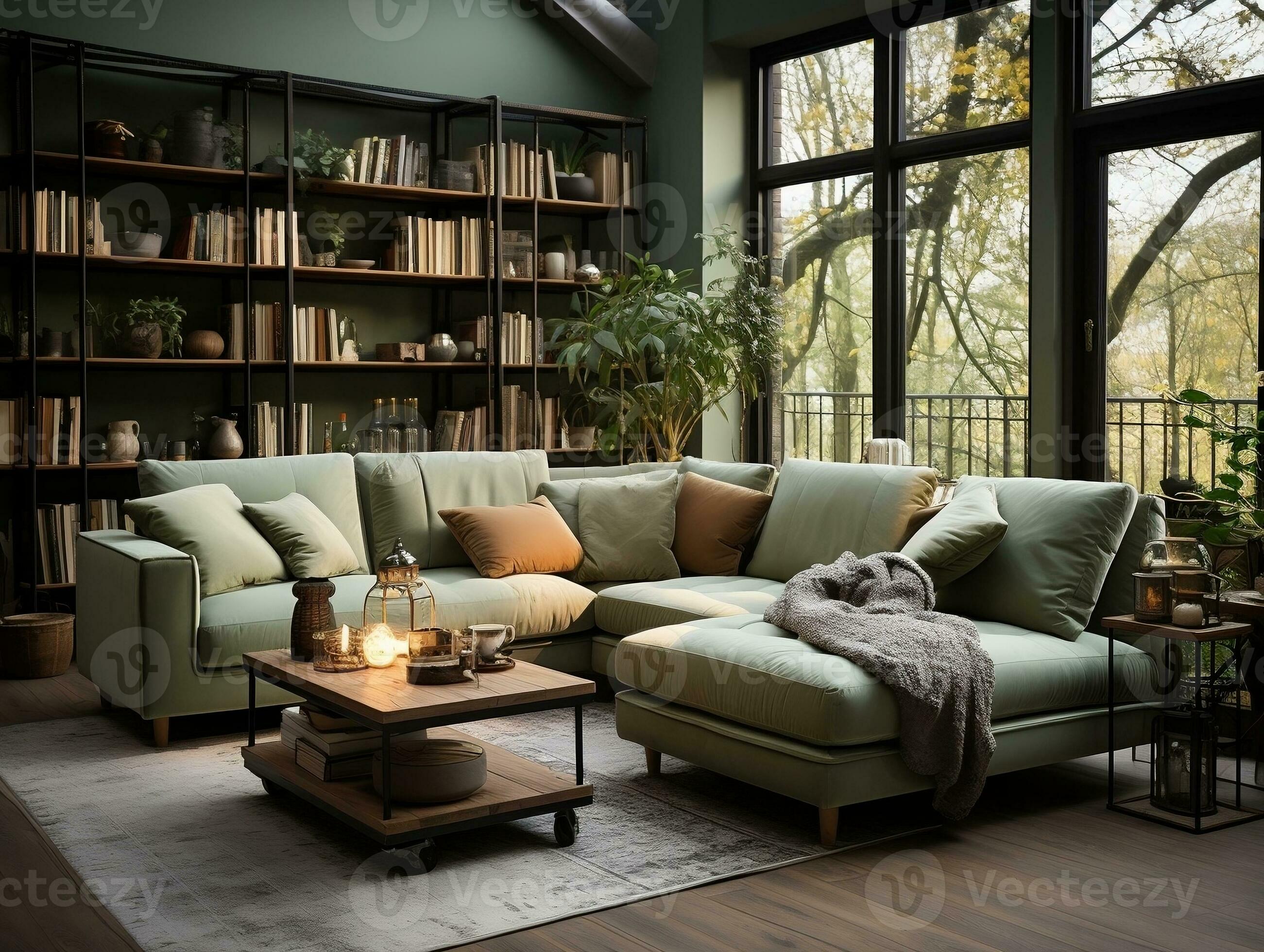 Light green and dark gray living room with many furnitures AI