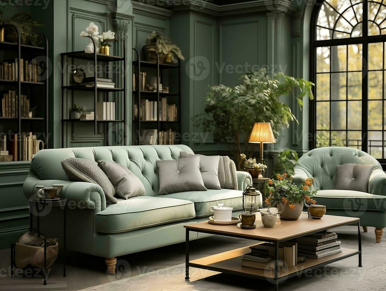 ligero verde y oscuro gris vivo habitación con muchos muebles ai generativo foto