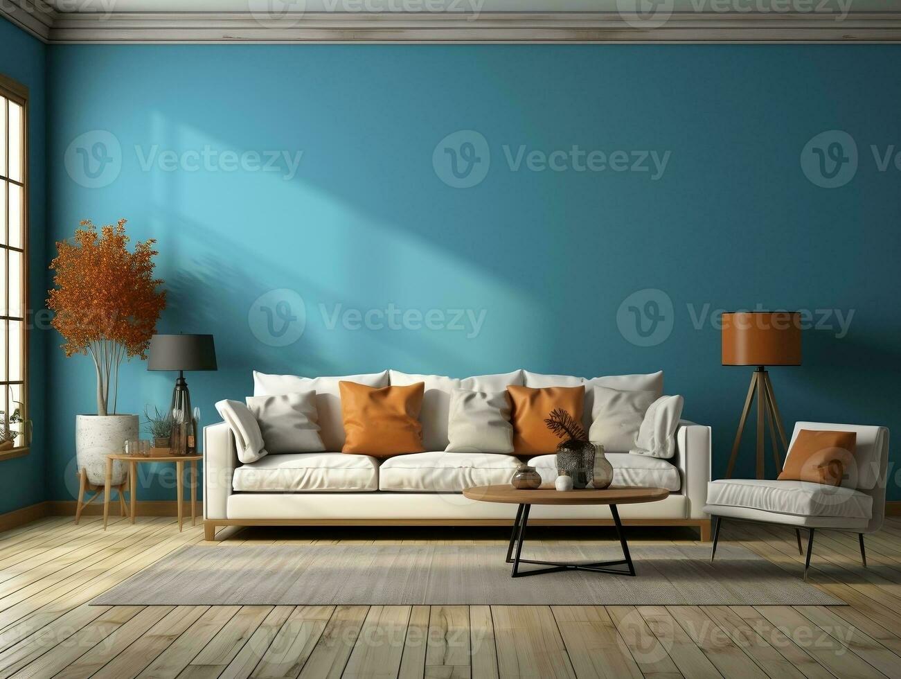 un abierto vivo habitación con azul pared y blanco sofá y woden mesa ai generativo foto